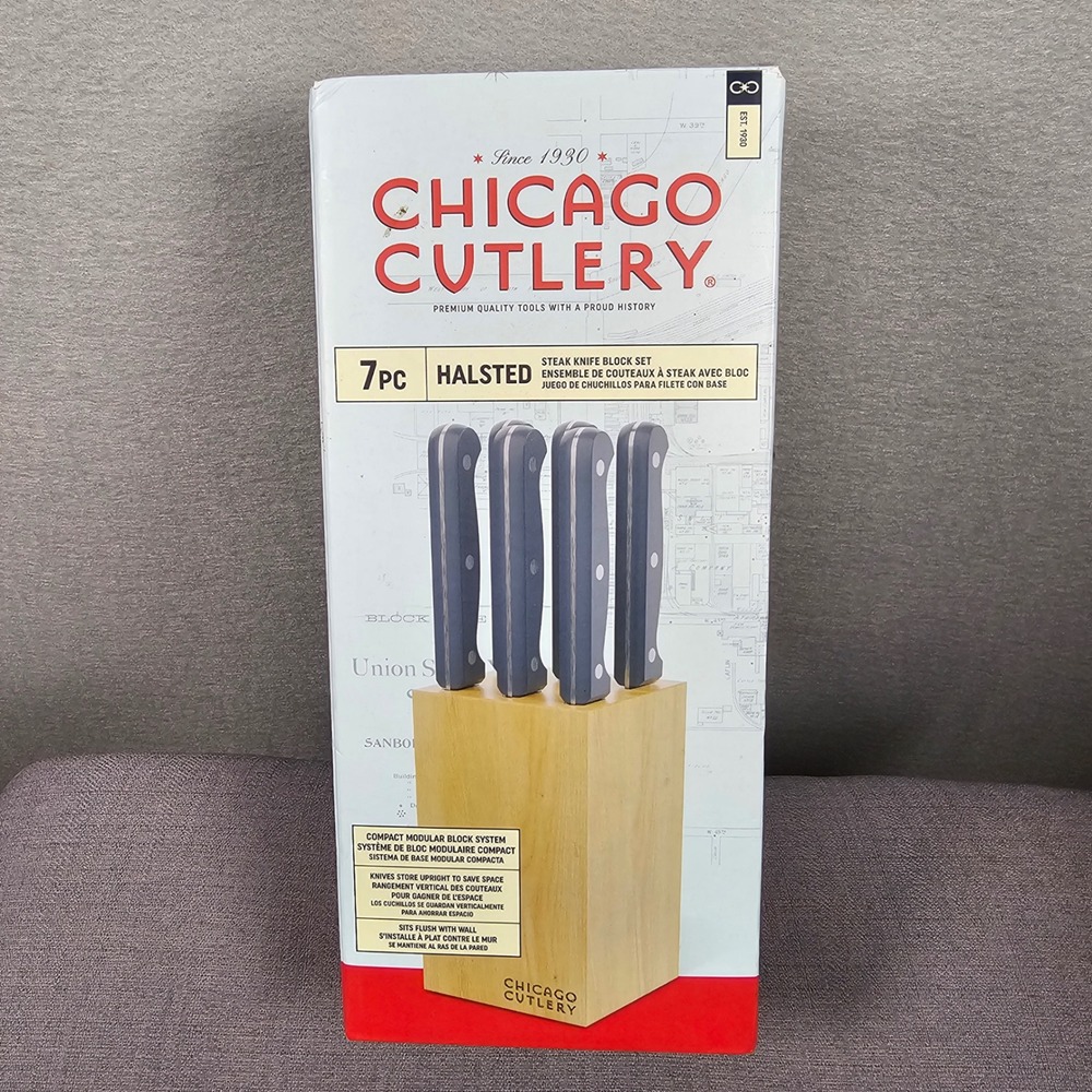 Chicago Cutlery Halsted 7-Pc Steak Knife Set Wood Block Stainless Steel